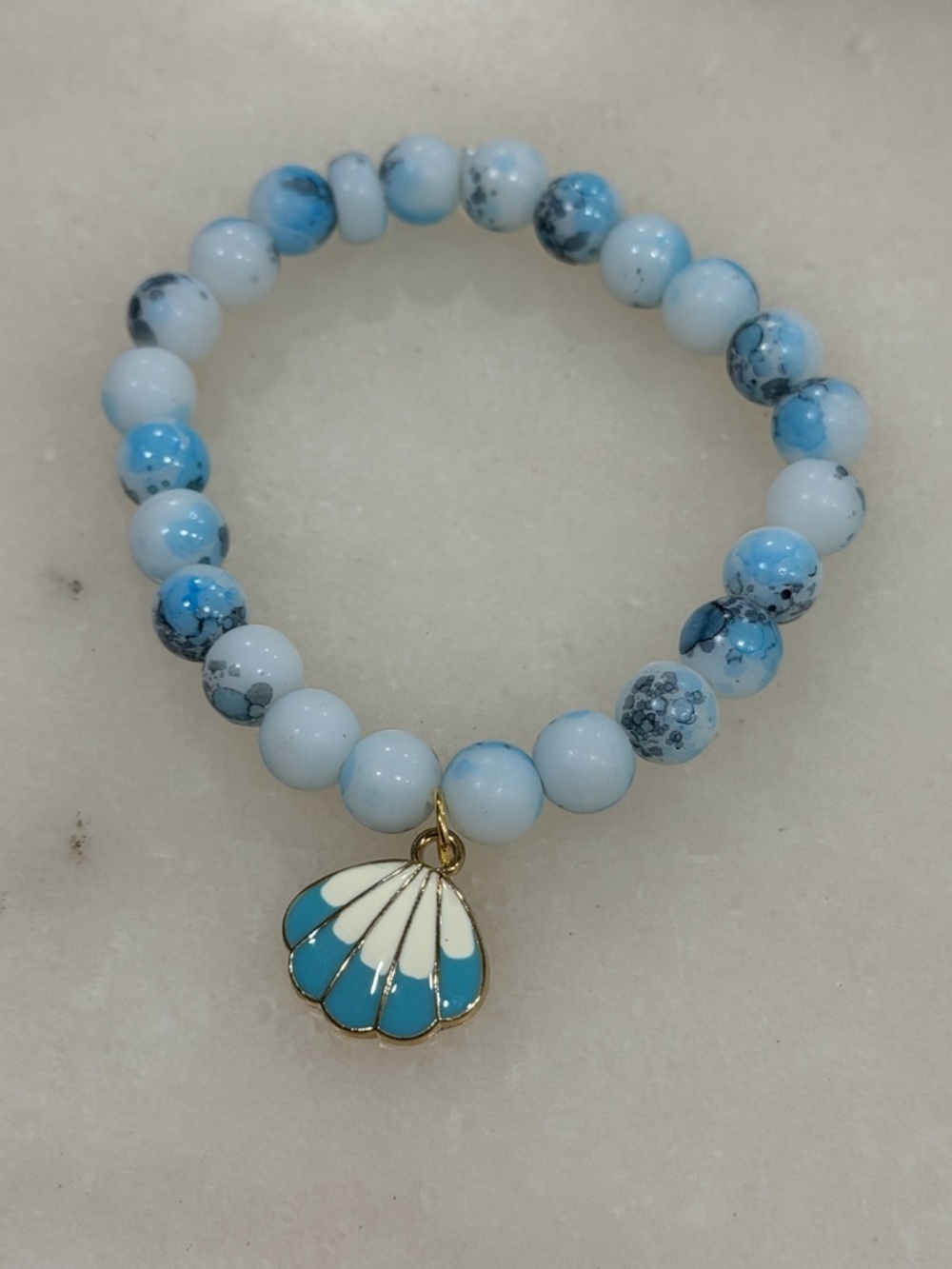 Sea Breeze Blue Beaded Shell Charm Bracelet Coastal Minimalist